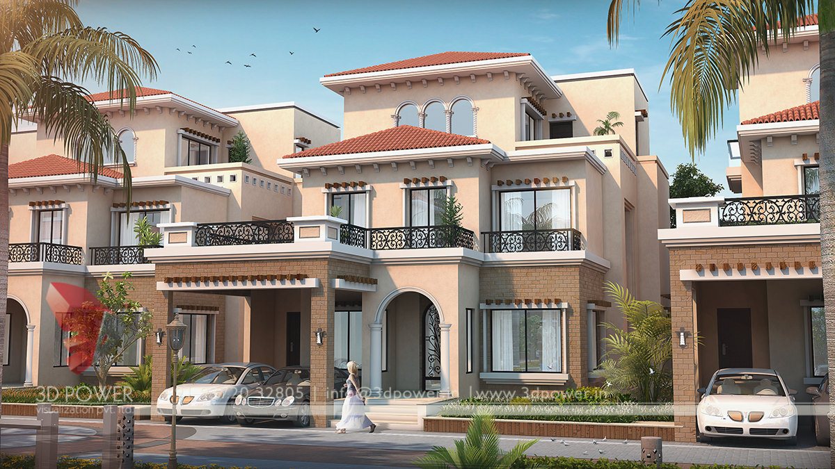 3d Township Architectural Visualization - 3D Power - Elevation Township Day View Row House Design, township, ...